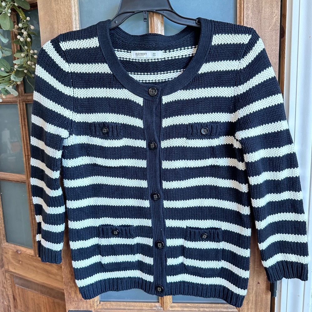 Old Navy Cardigan Sweater Women Navy Blue White Striped Lady Jacket Button Up XS